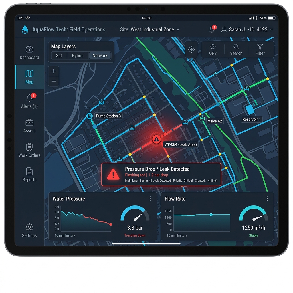 Water pipeline network monitoring technician app