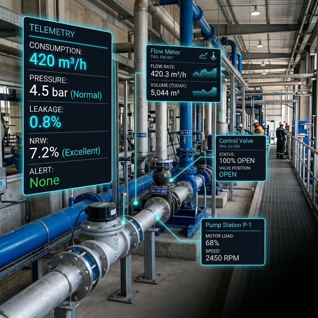 Industrial water meter network with telemetry metrics